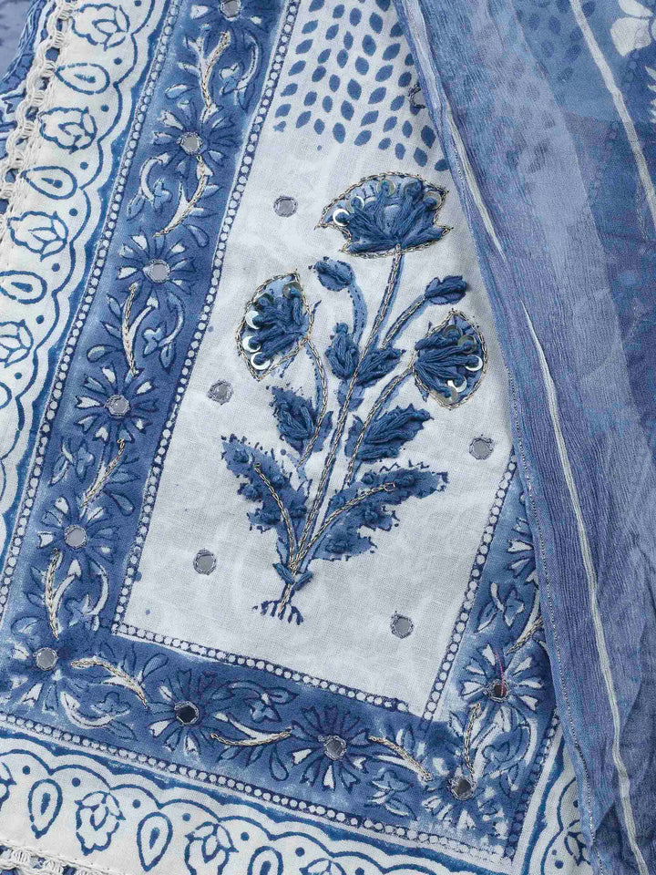 Printed Cotton Blend Unstitched Suit &amp; Pant With Cotton Dupatta