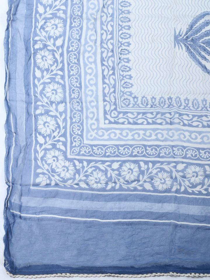 Printed Cotton Blend Unstitched Suit &amp; Pant With Cotton Dupatta
