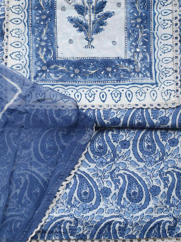 Printed Cotton Blend Unstitched Suit &amp; Pant With Cotton Dupatta