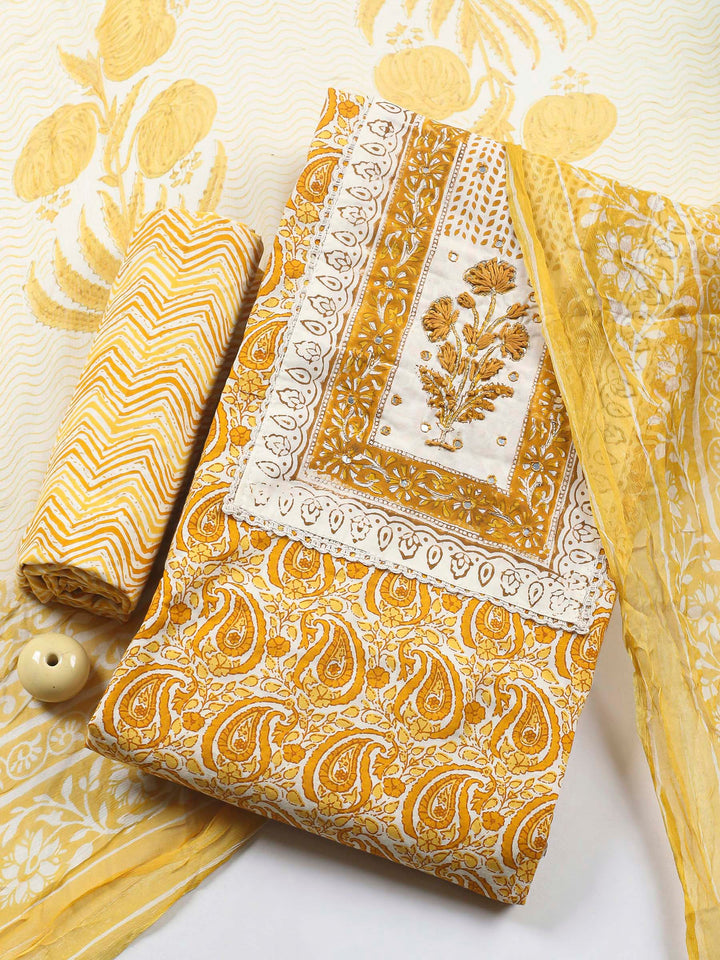 Printed Cotton Blend Unstitched Suit &amp; Pant With Cotton Dupatta