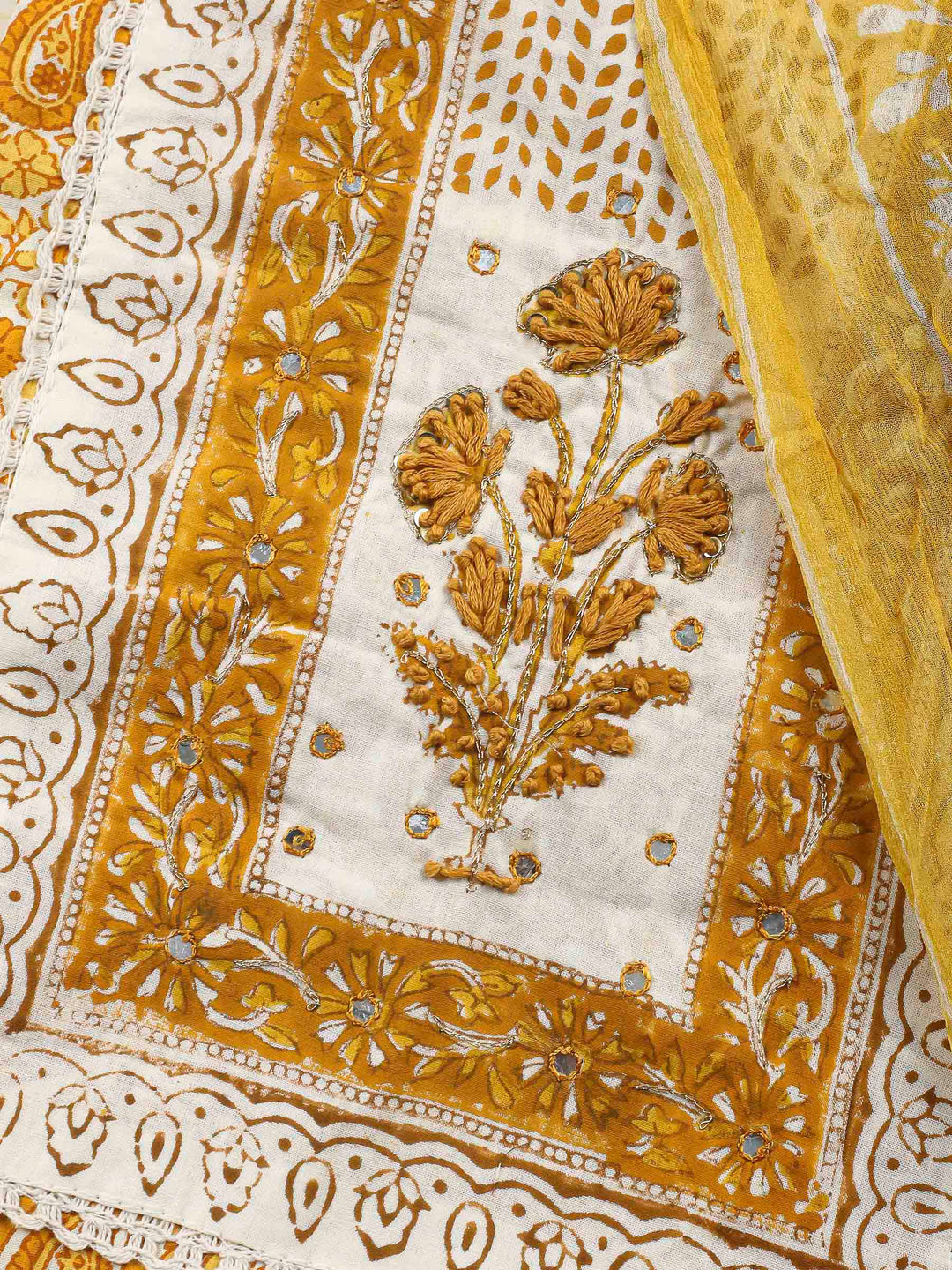 Printed Cotton Blend Unstitched Suit &amp; Pant With Cotton Dupatta
