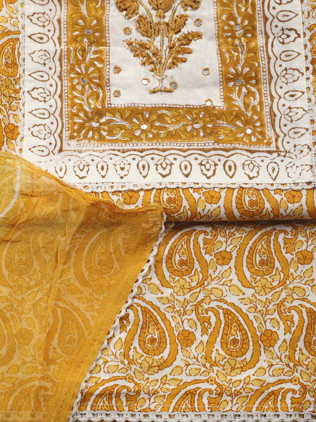 Printed Cotton Blend Unstitched Suit &amp; Pant With Cotton Dupatta