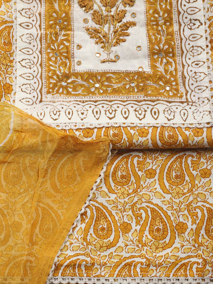 Printed Cotton Blend Unstitched Suit &amp; Pant With Cotton Dupatta