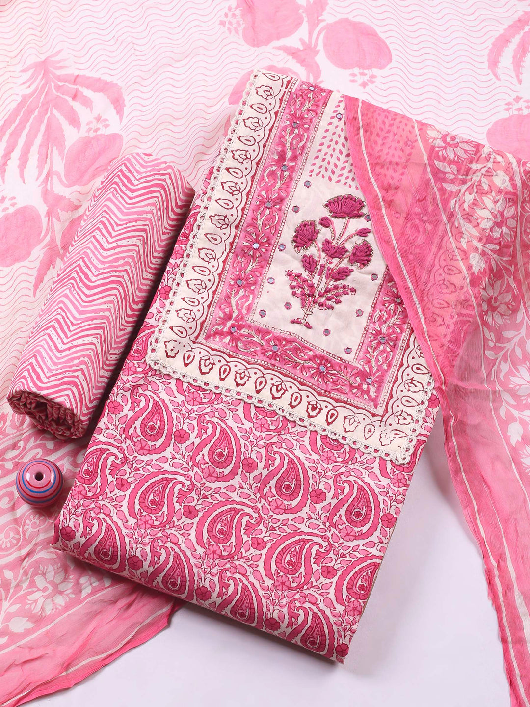 Printed Cotton Blend Unstitched Suit &amp; Pant With Cotton Dupatta
