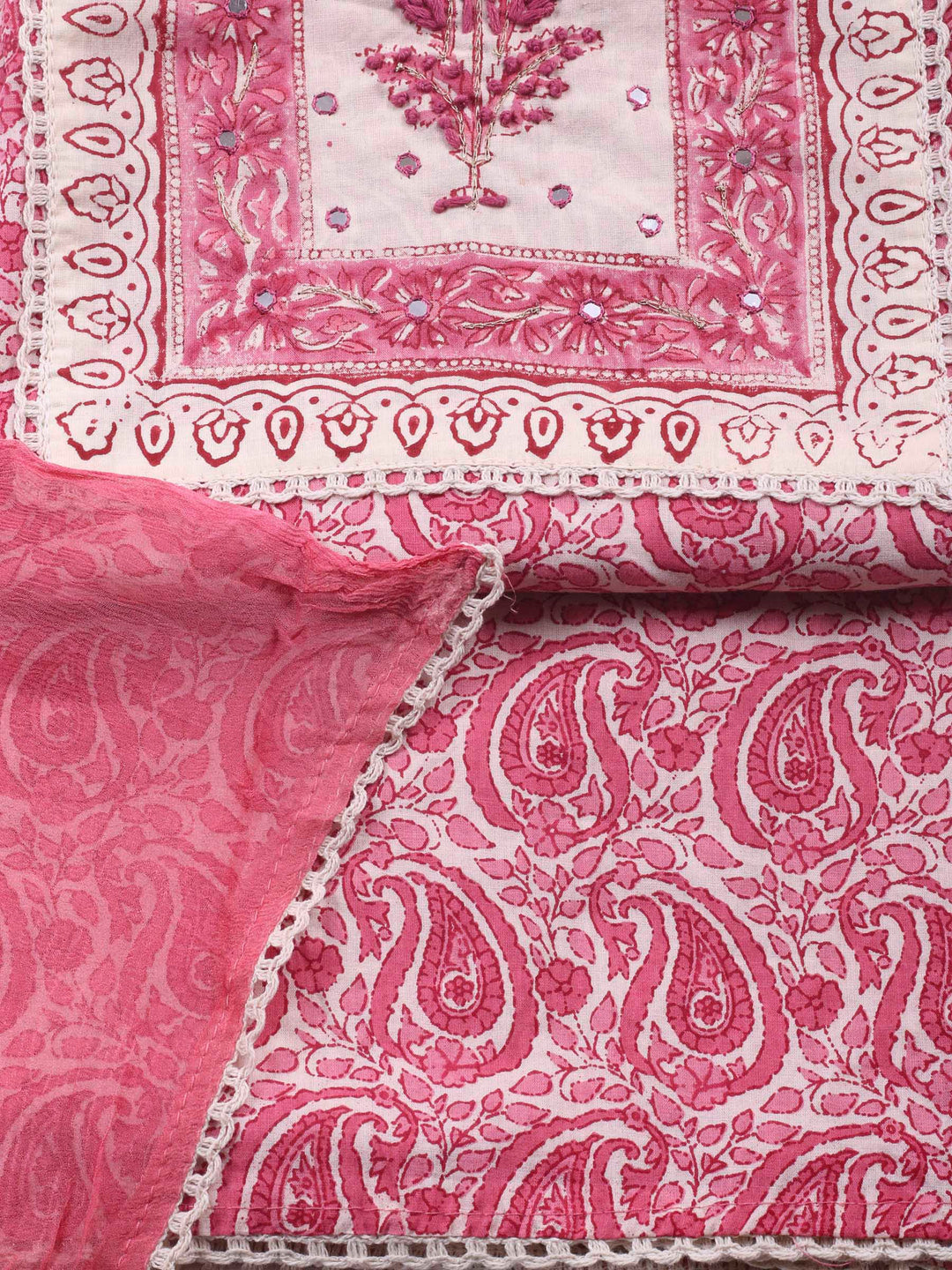 Printed Cotton Blend Unstitched Suit &amp; Pant With Cotton Dupatta