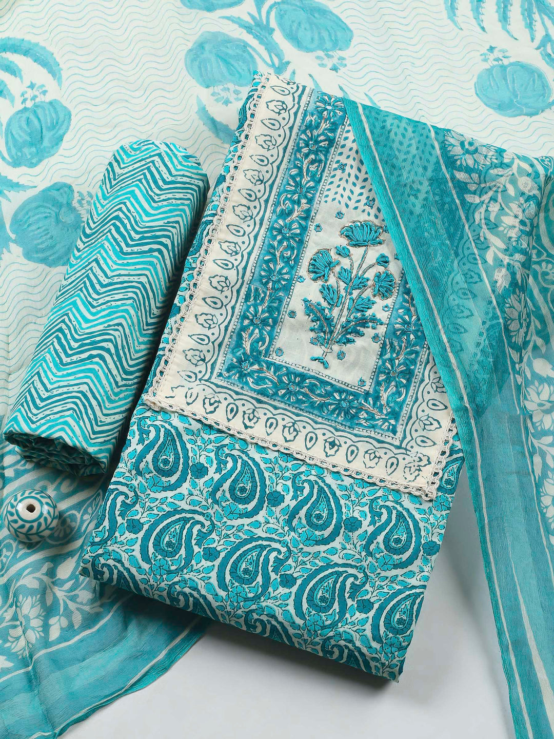 Printed Cotton Blend Unstitched Suit &amp; Pant With Cotton Dupatta