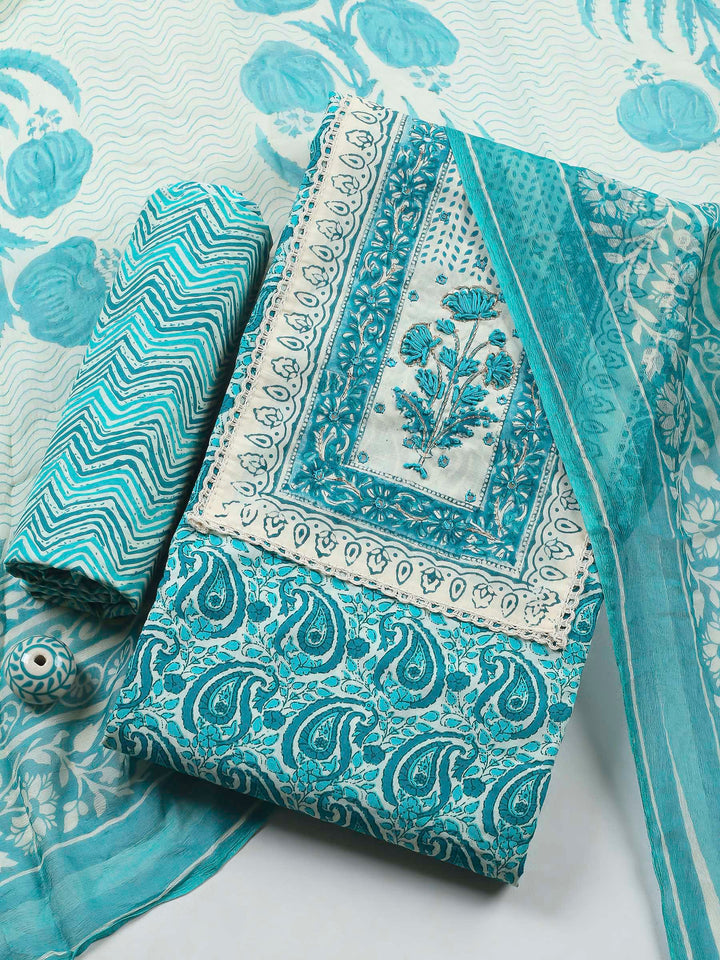 Printed Cotton Blend Unstitched Suit &amp; Pant With Cotton Dupatta