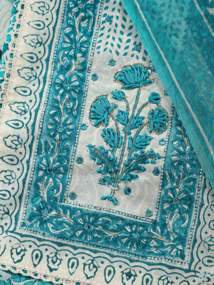 Printed Cotton Blend Unstitched Suit &amp; Pant With Cotton Dupatta