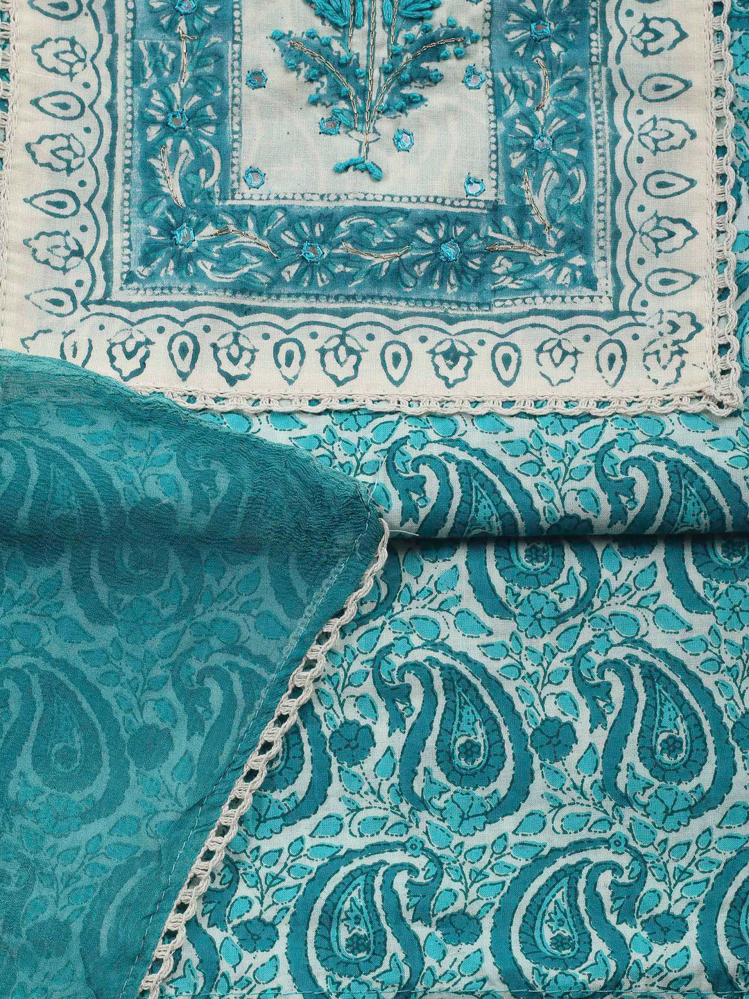 Printed Cotton Blend Unstitched Suit &amp; Pant With Cotton Dupatta