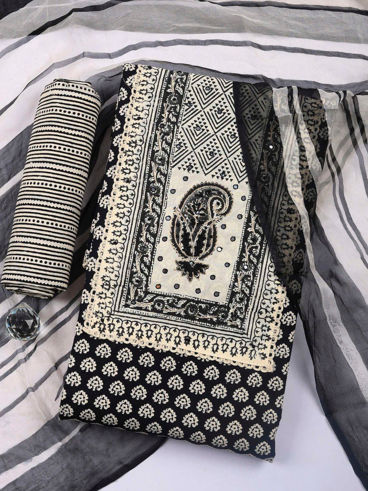Printed Cotton Blend Unstitched Suit &amp; Pant With Cotton Dupatta