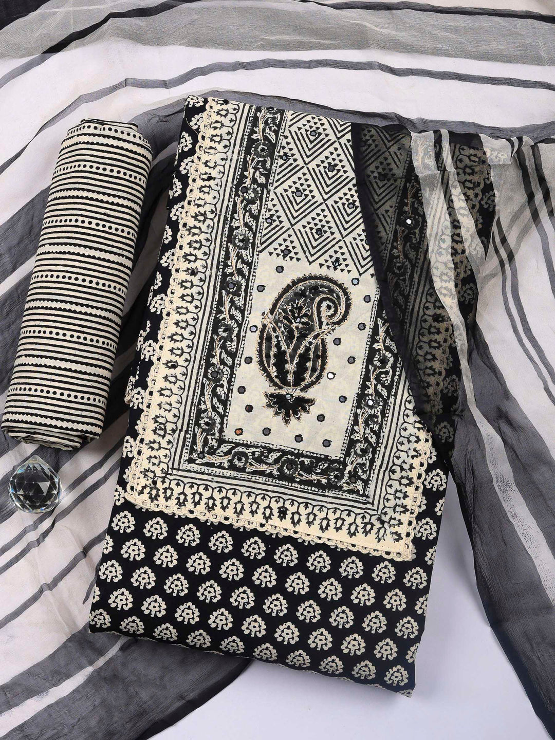 Printed Cotton Blend Unstitched Suit &amp; Pant With Cotton Dupatta