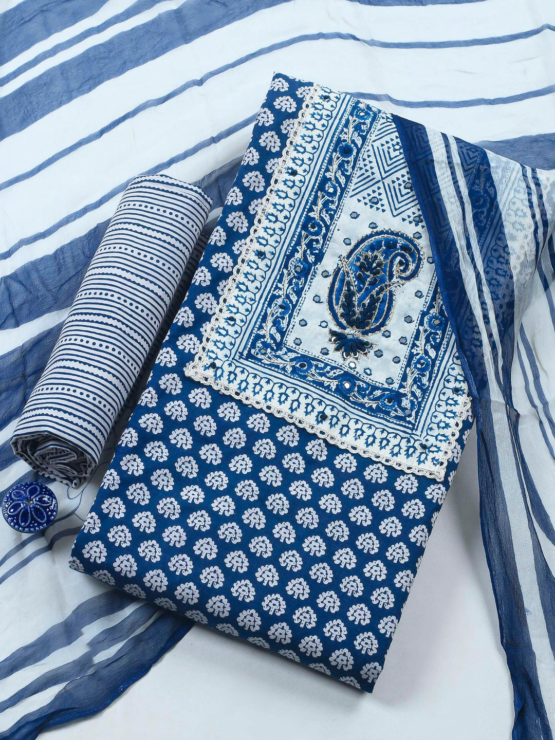 Printed Cotton Blend Unstitched Suit &amp; Pant With Cotton Dupatta