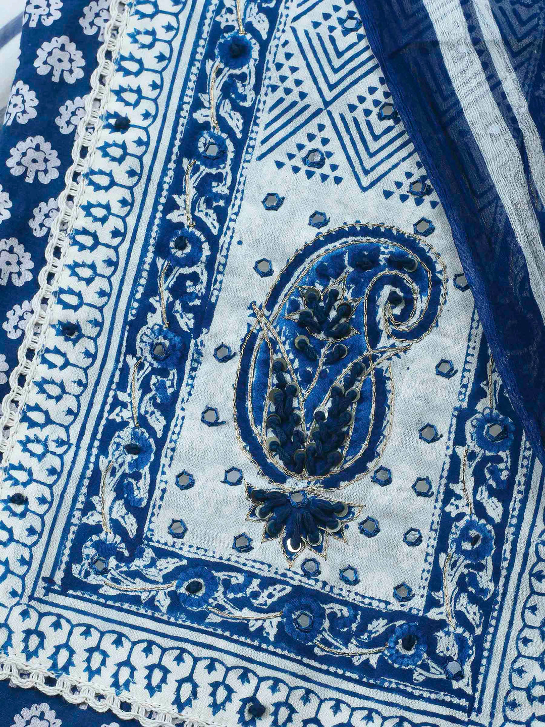 Printed Cotton Blend Unstitched Suit &amp; Pant With Cotton Dupatta