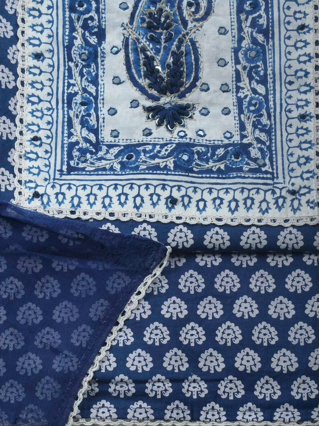 Printed Cotton Blend Unstitched Suit &amp; Pant With Cotton Dupatta