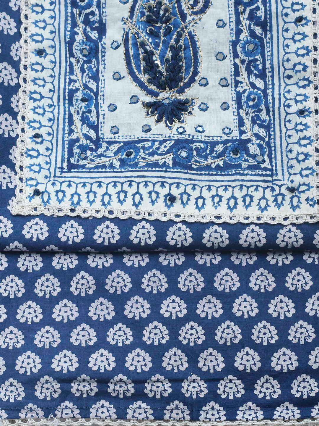 Printed Cotton Blend Unstitched Suit &amp; Pant With Cotton Dupatta