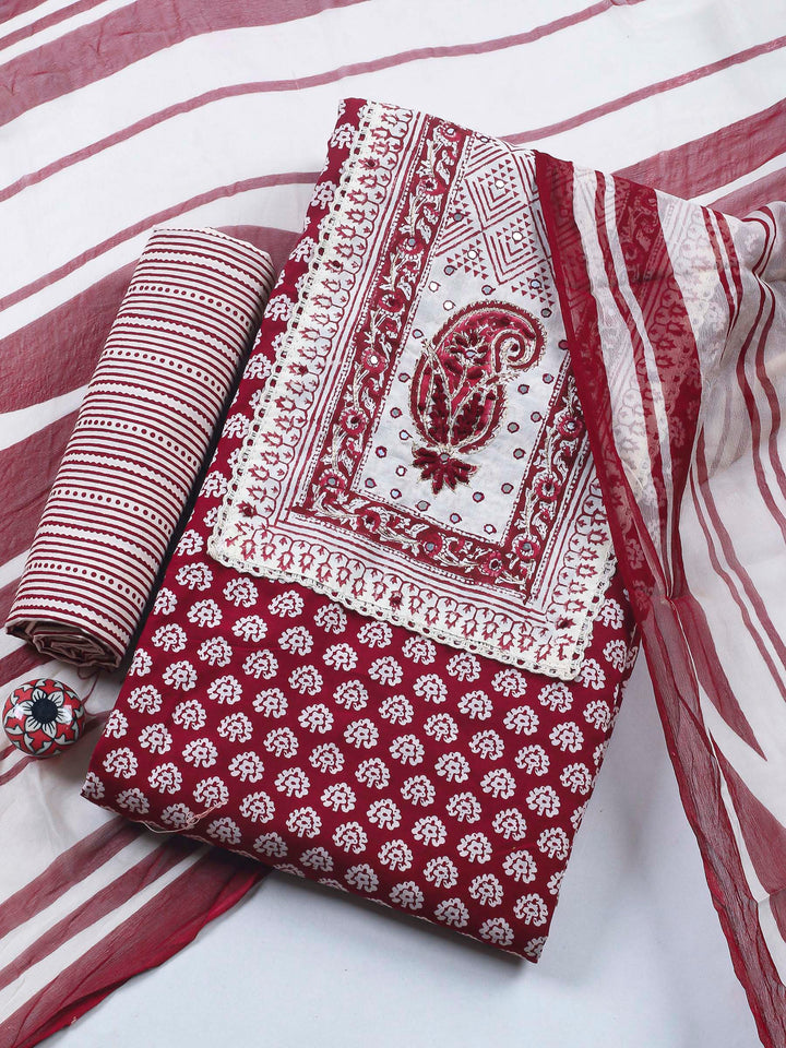 Printed Cotton Blend Unstitched Suit &amp; Pant With Cotton Dupatta