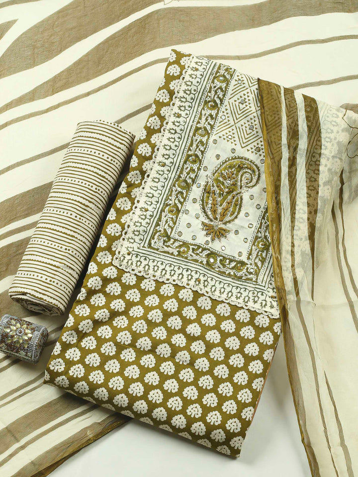 Printed Cotton Blend Unstitched Suit &amp; Pant With Cotton Dupatta