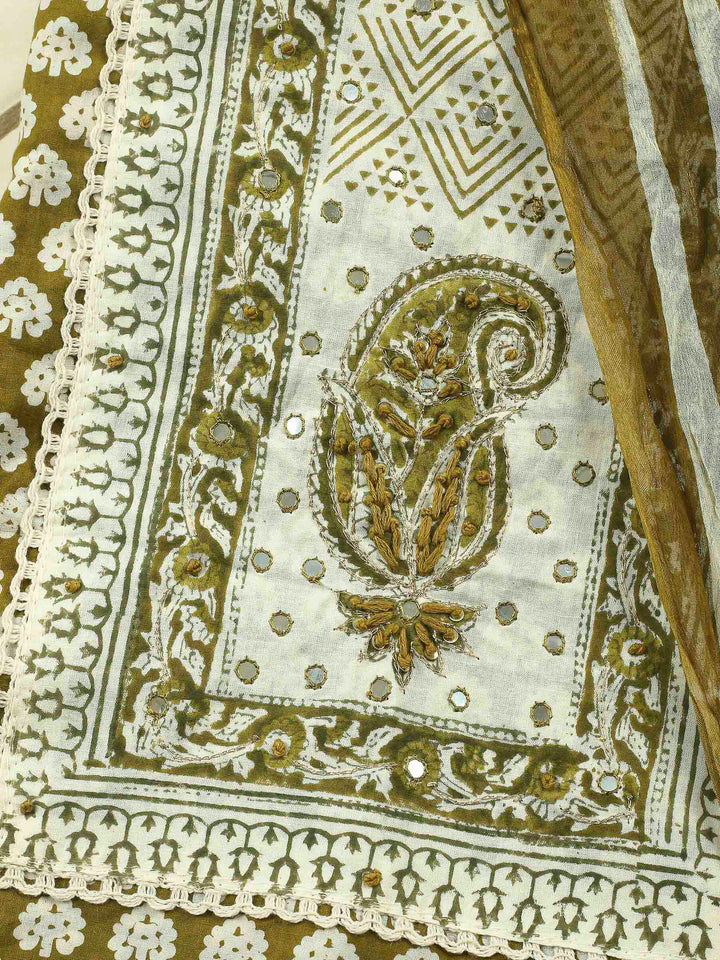 Printed Cotton Blend Unstitched Suit &amp; Pant With Cotton Dupatta