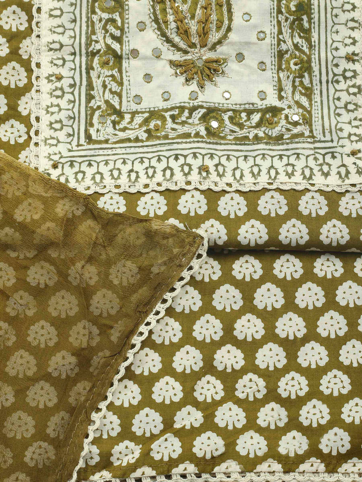 Printed Cotton Blend Unstitched Suit &amp; Pant With Cotton Dupatta