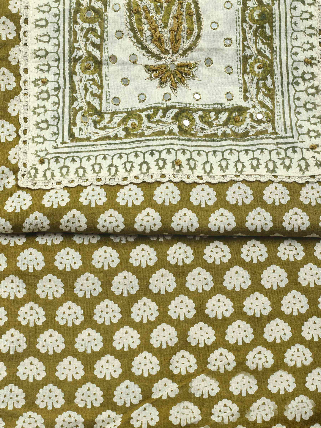 Printed Cotton Blend Unstitched Suit &amp; Pant With Cotton Dupatta