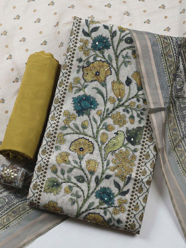 Printed Cotton Blend Unstitched Suit &amp; Pant With Cotton Dupatta