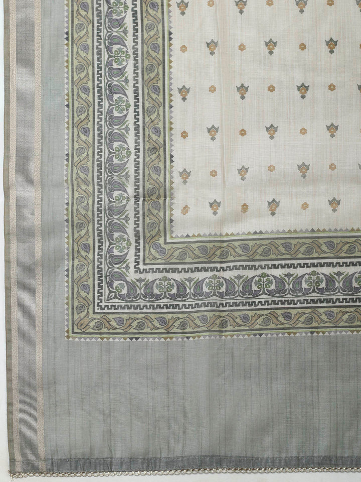 Printed Cotton Blend Unstitched Suit &amp; Pant With Cotton Dupatta