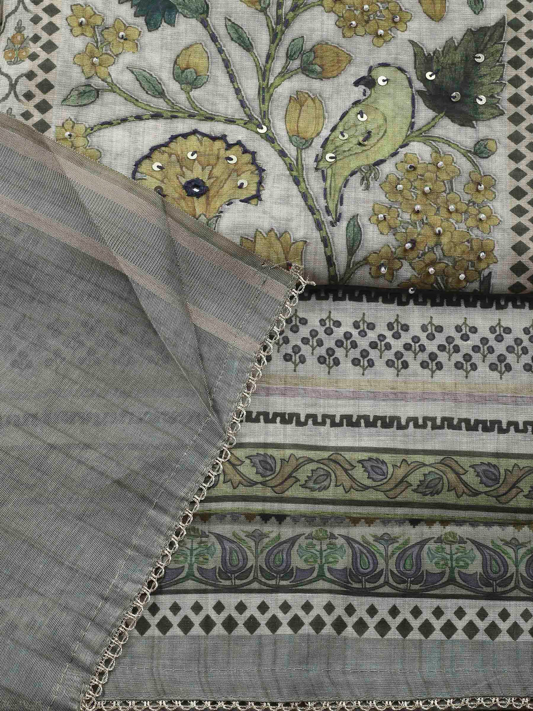 Printed Cotton Blend Unstitched Suit &amp; Pant With Cotton Dupatta