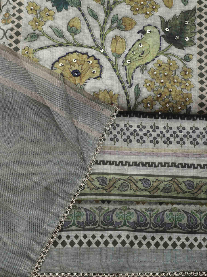 Printed Cotton Blend Unstitched Suit &amp; Pant With Cotton Dupatta