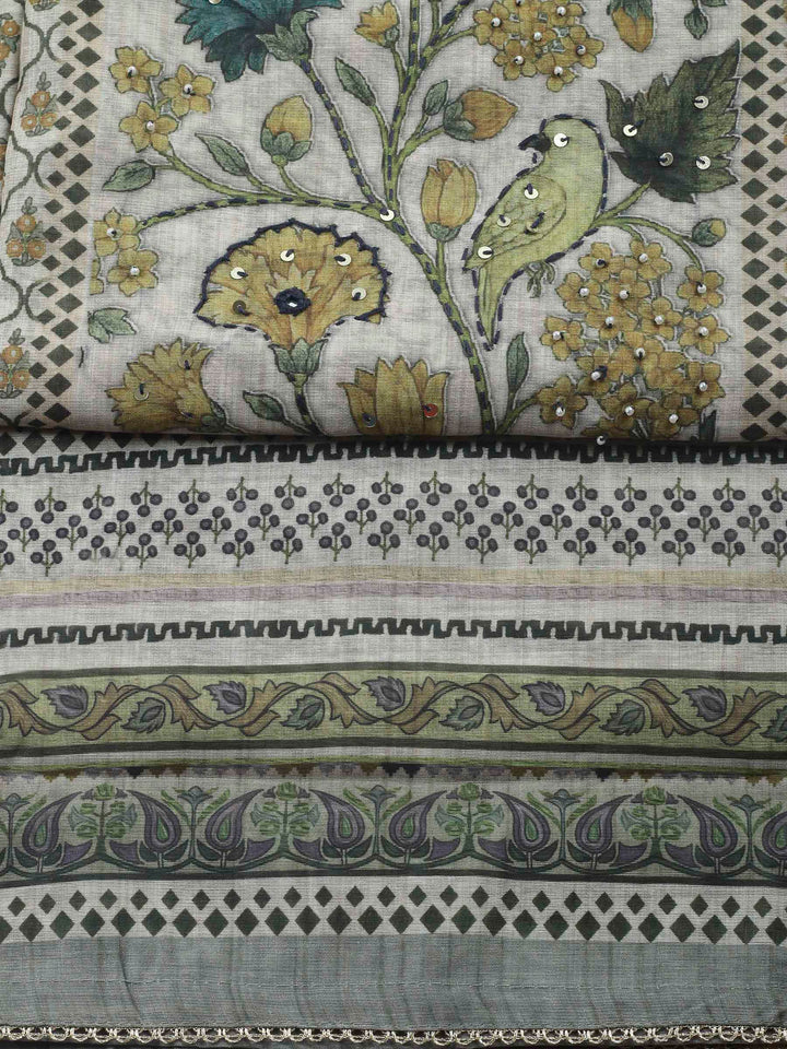 Printed Cotton Blend Unstitched Suit &amp; Pant With Cotton Dupatta