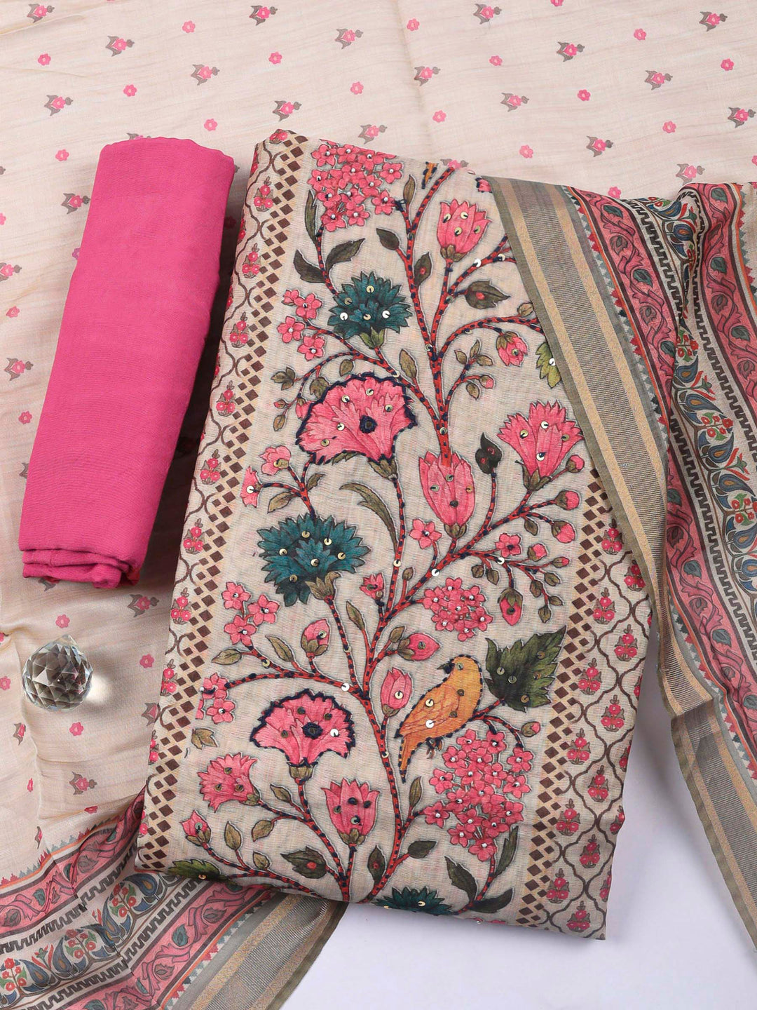 Printed Cotton Blend Unstitched Suit &amp; Pant With Cotton Dupatta