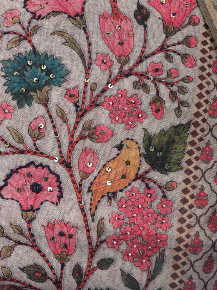 Printed Cotton Blend Unstitched Suit &amp; Pant With Cotton Dupatta