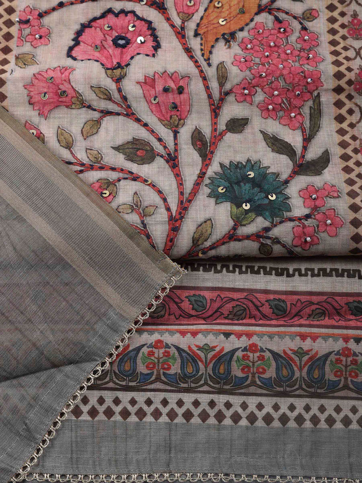 Printed Cotton Blend Unstitched Suit &amp; Pant With Cotton Dupatta