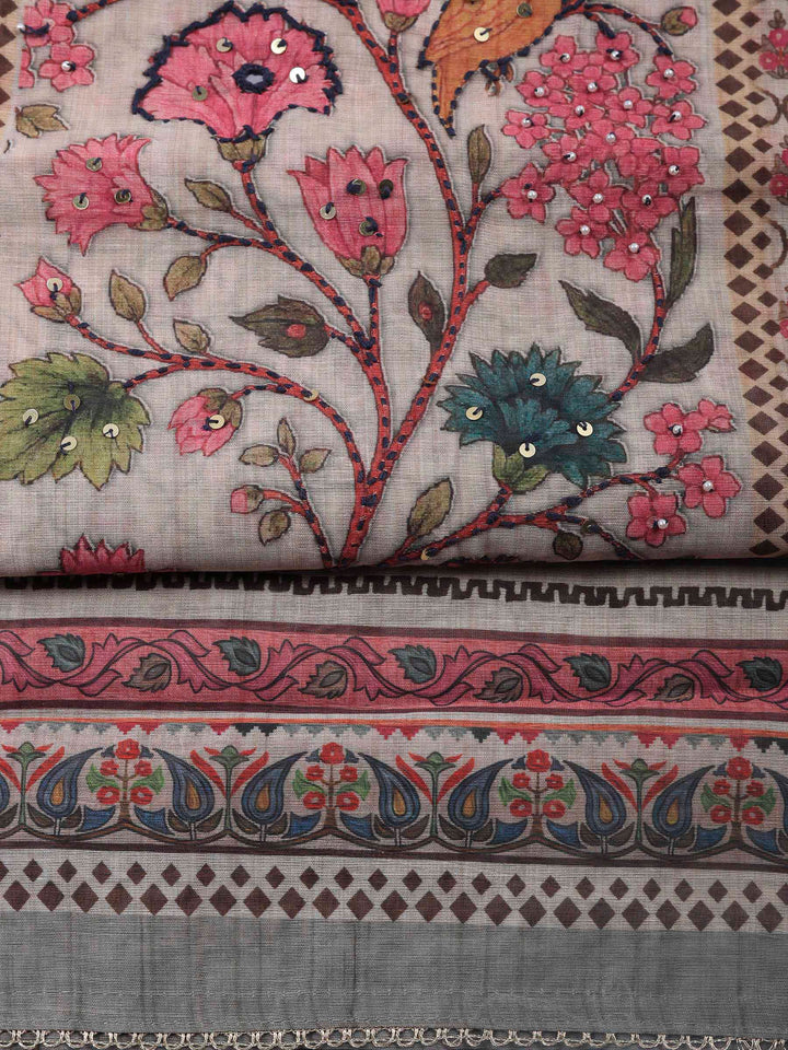Printed Cotton Blend Unstitched Suit &amp; Pant With Cotton Dupatta