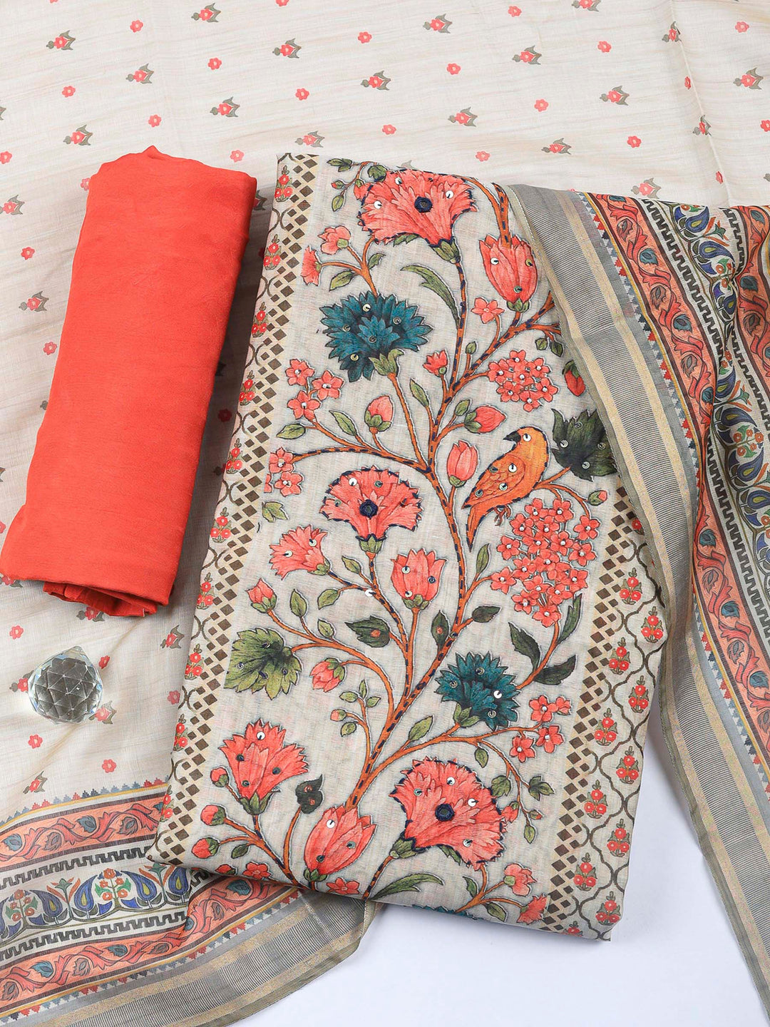 Printed Cotton Blend Unstitched Suit &amp; Pant With Cotton Dupatta