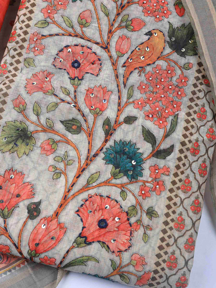 Printed Cotton Blend Unstitched Suit &amp; Pant With Cotton Dupatta