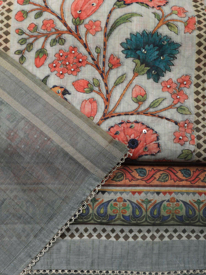Printed Cotton Blend Unstitched Suit &amp; Pant With Cotton Dupatta