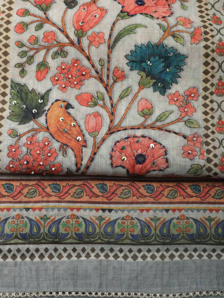 Printed Cotton Blend Unstitched Suit &amp; Pant With Cotton Dupatta