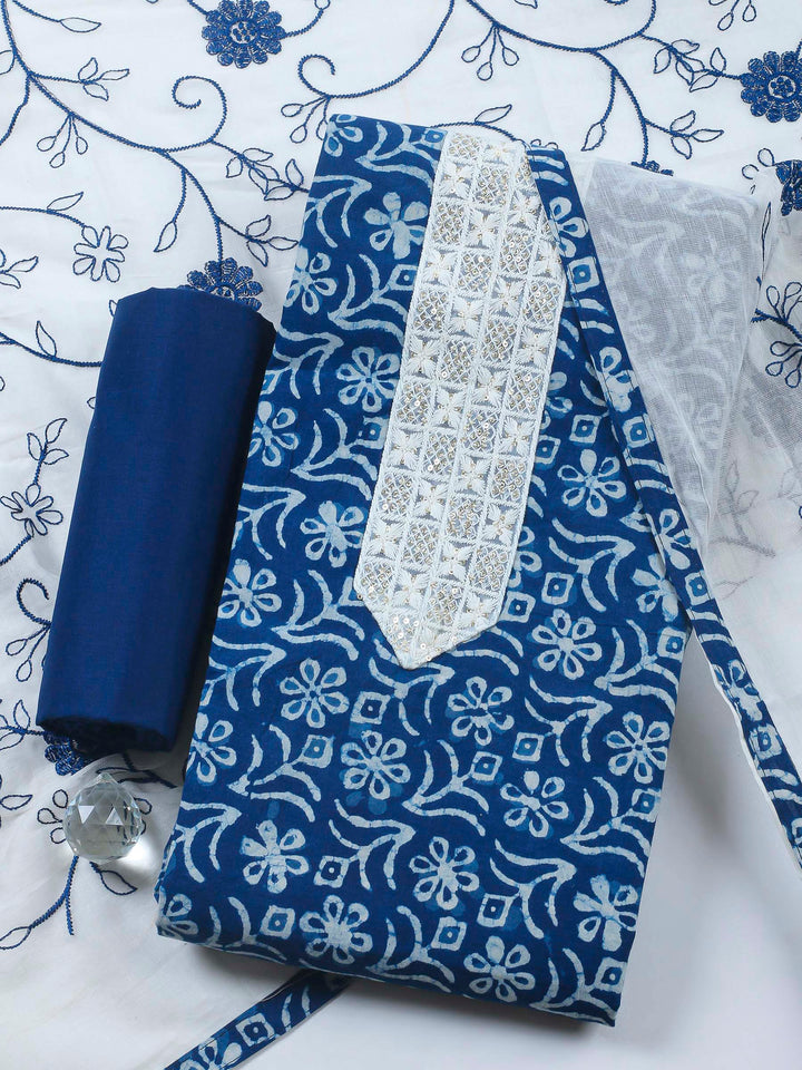 Indigo Printed Cotton Blend Unstitched Dress Material