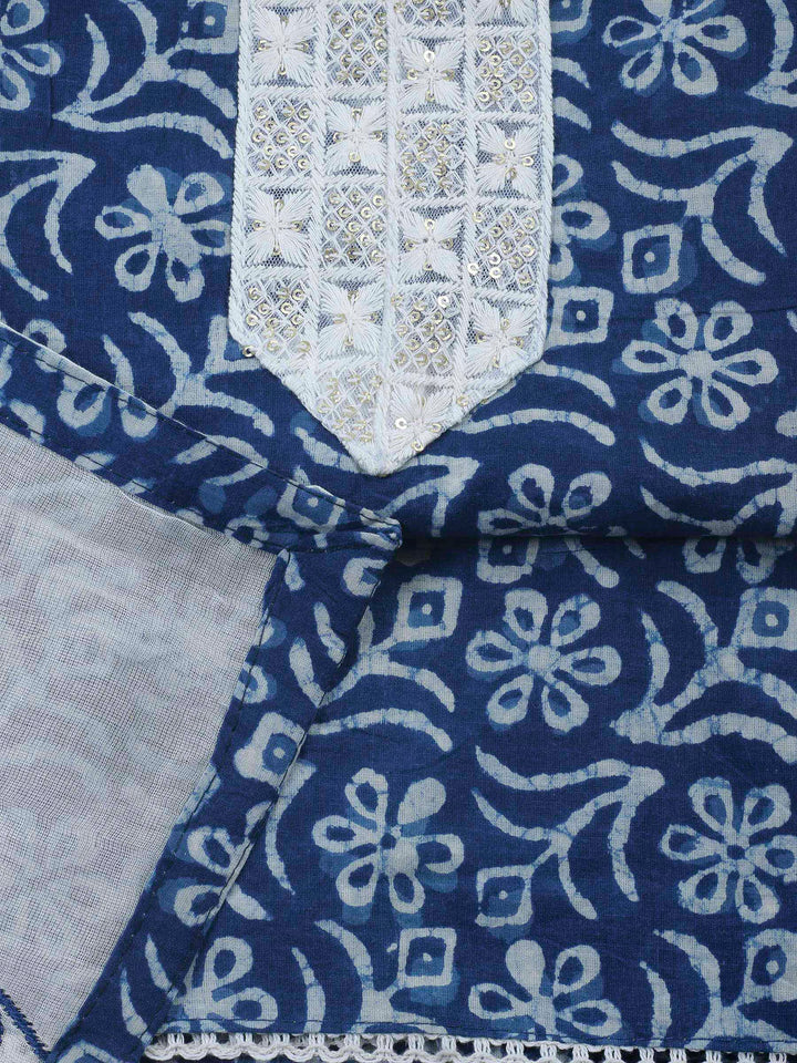 Indigo Printed Cotton Blend Unstitched Dress Material