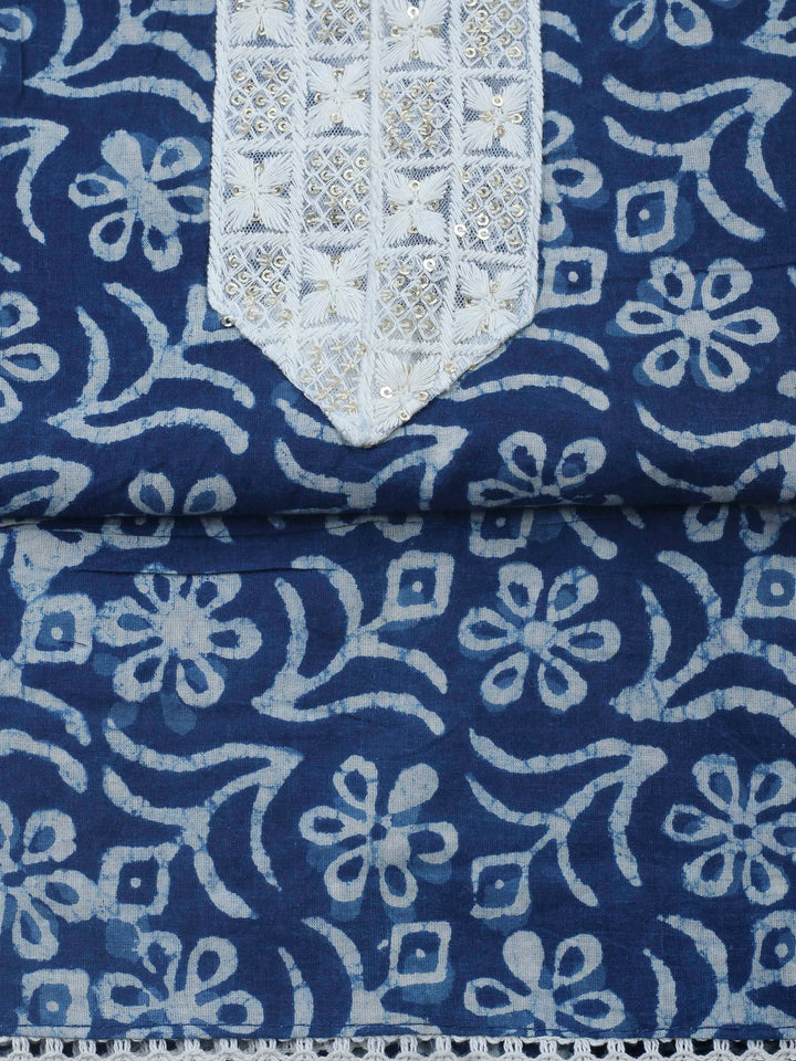 Indigo Printed Cotton Blend Unstitched Dress Material