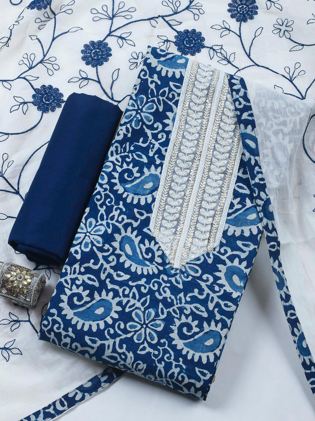 Indigo Printed Cotton Blend Unstitched Dress Material