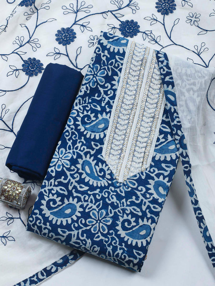 Indigo Printed Cotton Blend Unstitched Dress Material