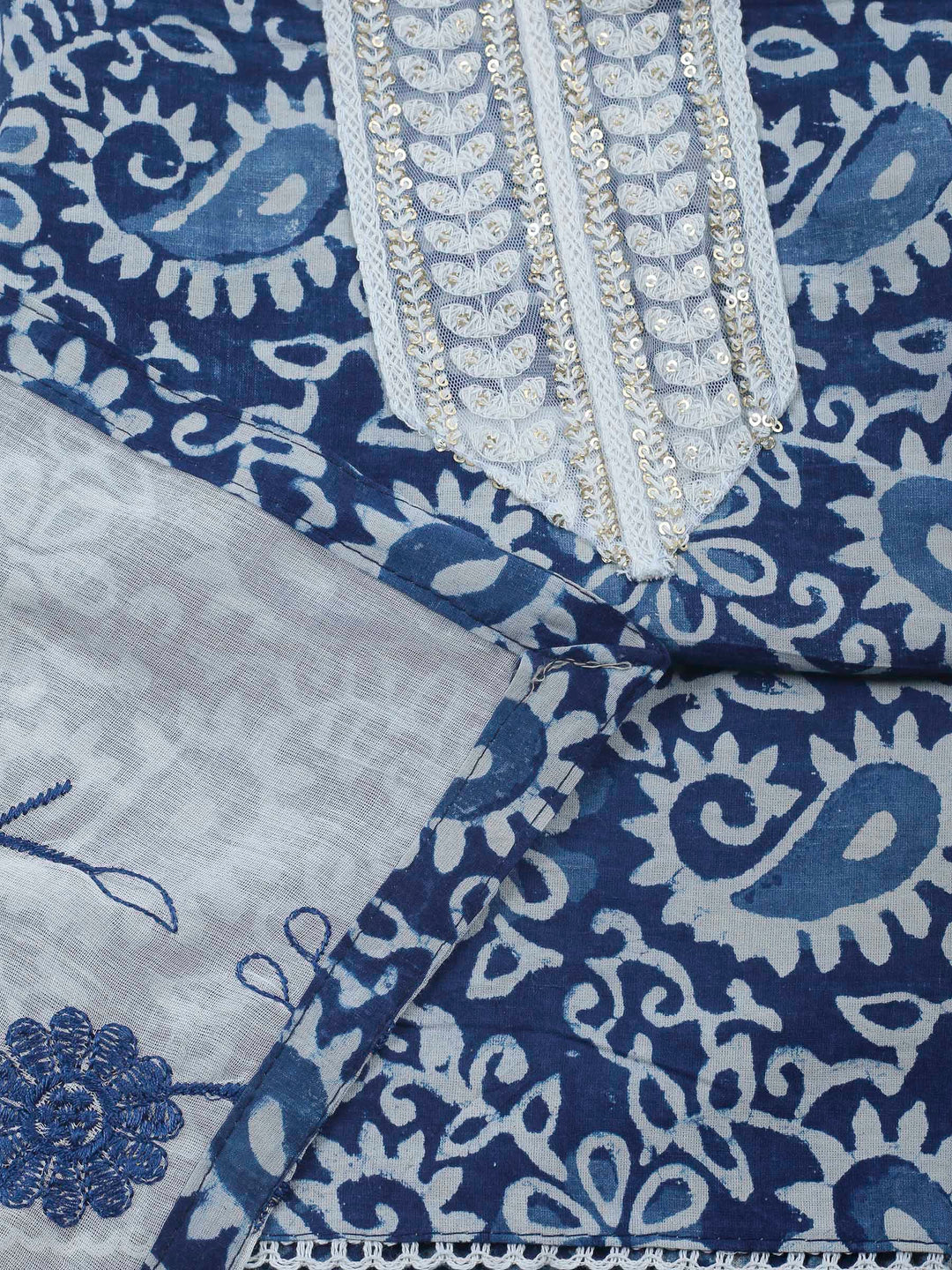 Indigo Printed Cotton Blend Unstitched Dress Material