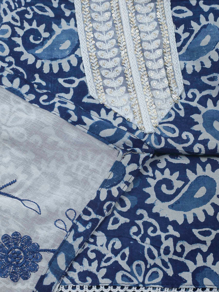 Indigo Printed Cotton Blend Unstitched Dress Material