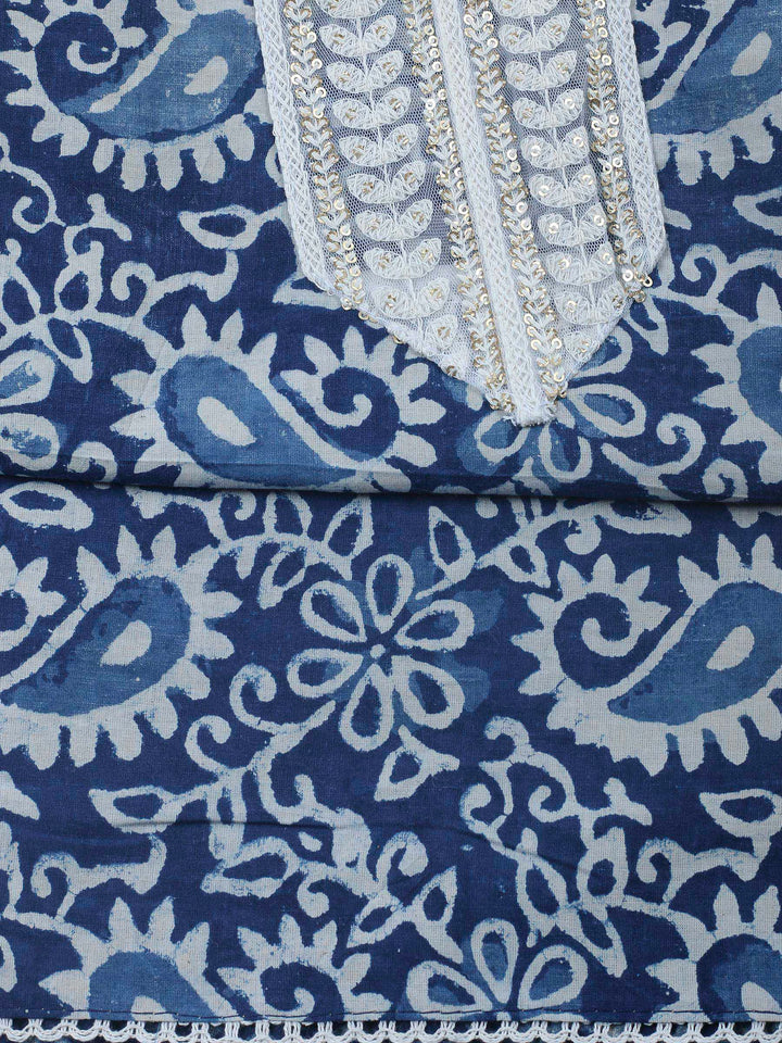 Indigo Printed Cotton Blend Unstitched Dress Material