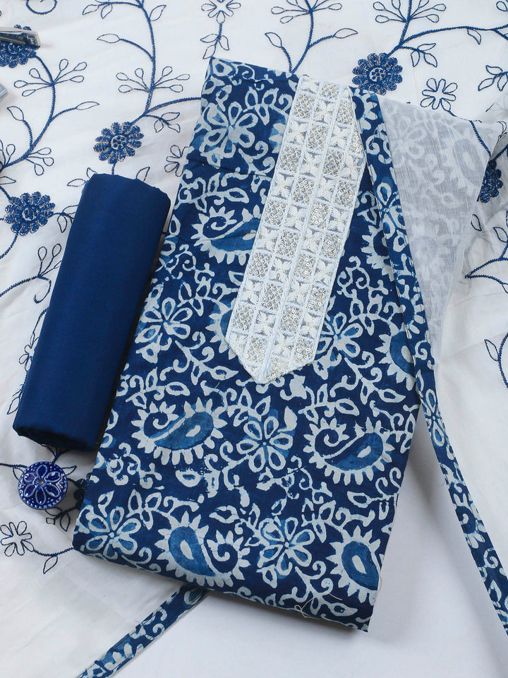 Indigo Printed Cotton Blend Unstitched Dress Material
