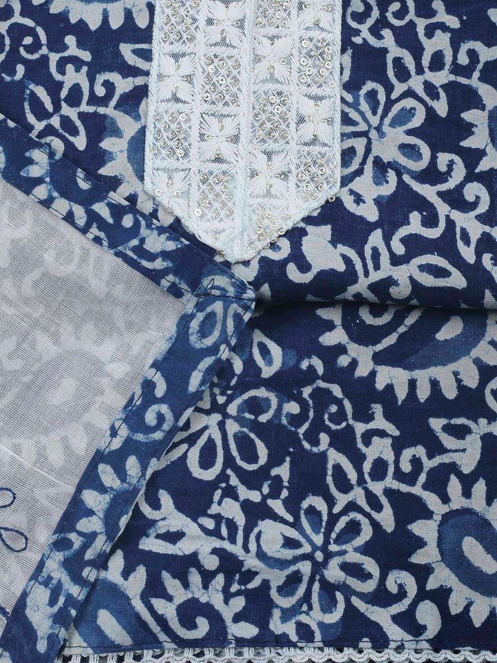 Indigo Printed Cotton Blend Unstitched Dress Material