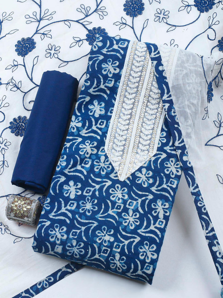 Indigo Printed Cotton Blend Unstitched Dress Material