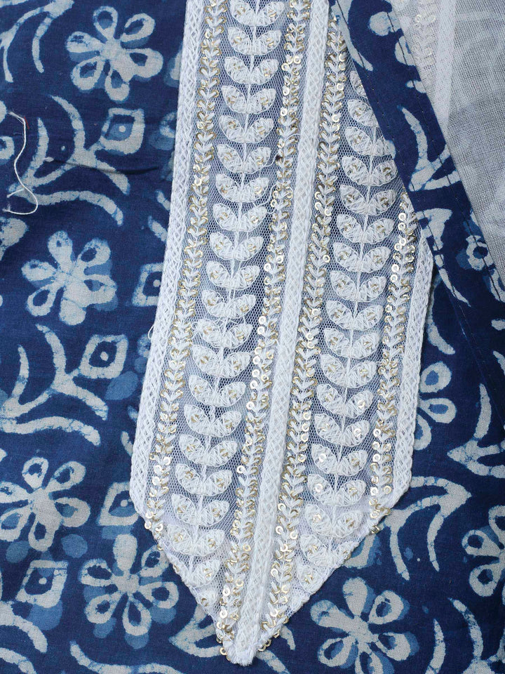 Indigo Printed Cotton Blend Unstitched Dress Material