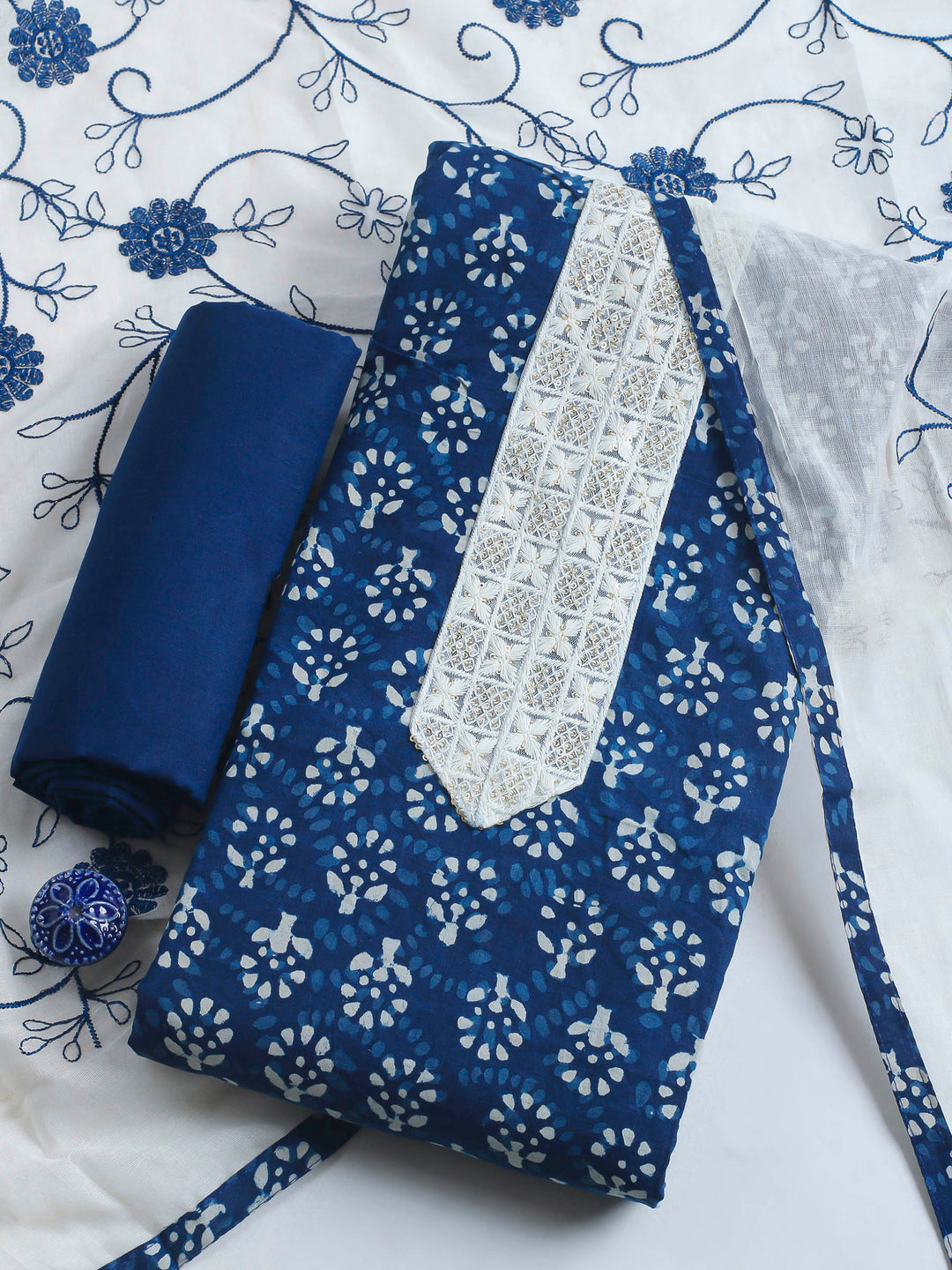 Indigo Printed Cotton Blend Unstitched Dress Material